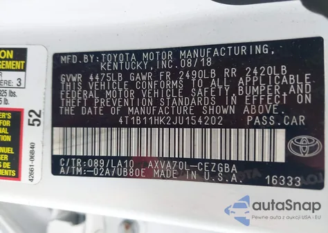 2018 Toyota Camry Xle z USA, uszkodzony, nr VIN 4T1B11HK2JU154202